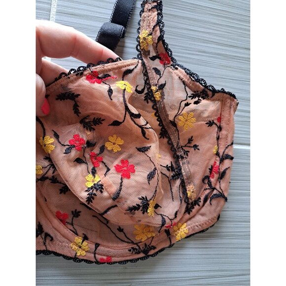 Adore Me Contour Plunge Bra 38DD Floral Embroidered Lace Black & Tan Sheer - Picture 2 of 11